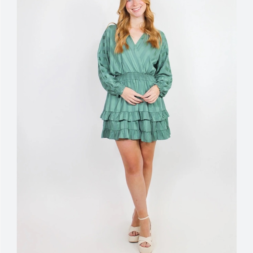 Elegant Green Stripe Ruffle Summer Spring Dress - Picture 11 of 13